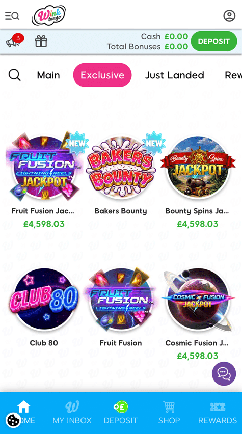 Wink Bingo Exclusive slots tab on mobile