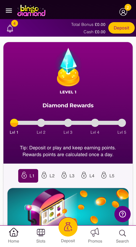 Diamond Rewards progress bar running from Level 1 to Level 5, with the higher levels still locked