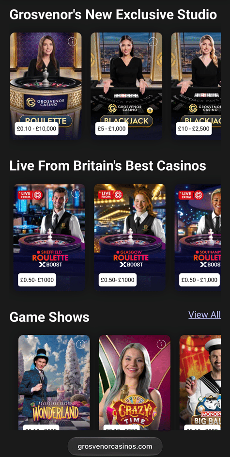 Grosvenor live casino lobby on mobile with its exclusive studio row of Grosvenor Roulette and Blackjack tables