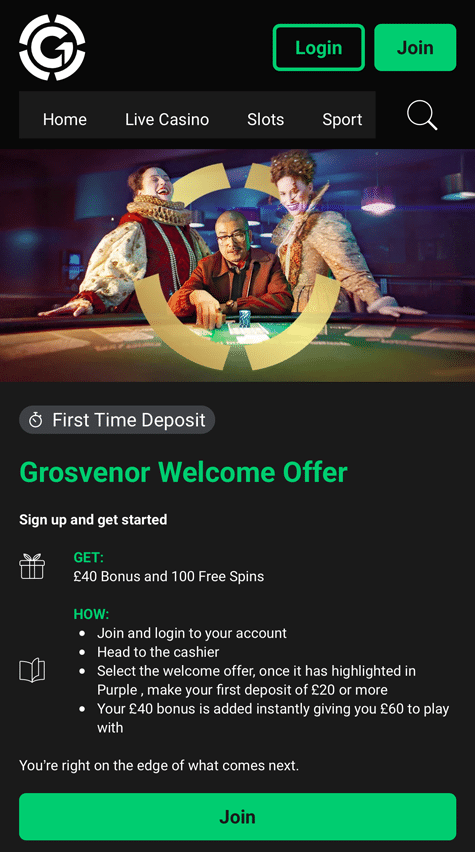 Grosvenor Welcome Offer banner with live casino dealers above the Get and How sections and a Join button