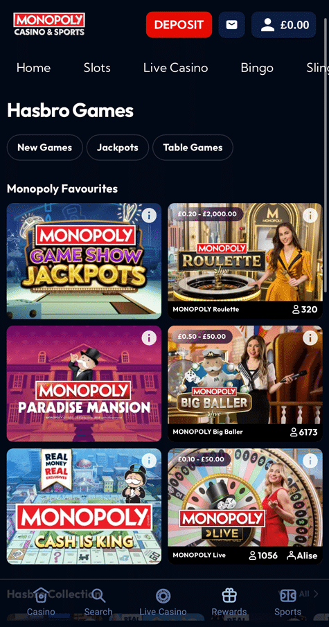 Hasbro Games page on Monopoly Casino mobile
