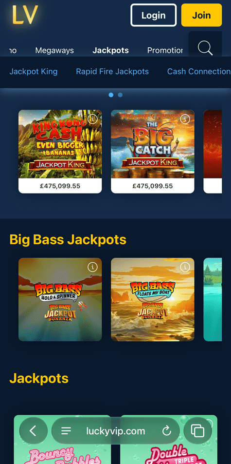 Lucky VIP Jackpots tab on mobile