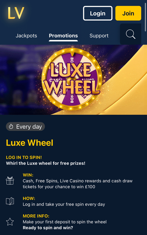 Luxe Wheel promotion page on Lucky VIP mobile, with a gold and purple prize wheel graphic