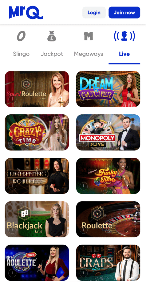 MrQ games menu with Slingo, Jackpot, Megaways and Live tabs above a grid of live casino tables