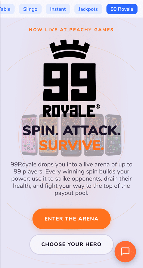 99 Royale page with Enter the Arena and Choose Your Hero buttons