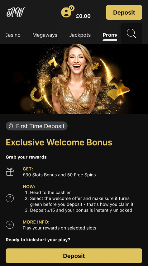 First Time Deposit promotion with a gold-themed banner