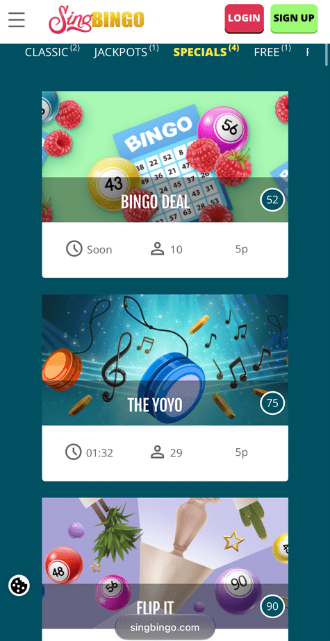 Room filter tabs for Classic, Jackpots, Specials and Free, with the number of rooms in each beside the name