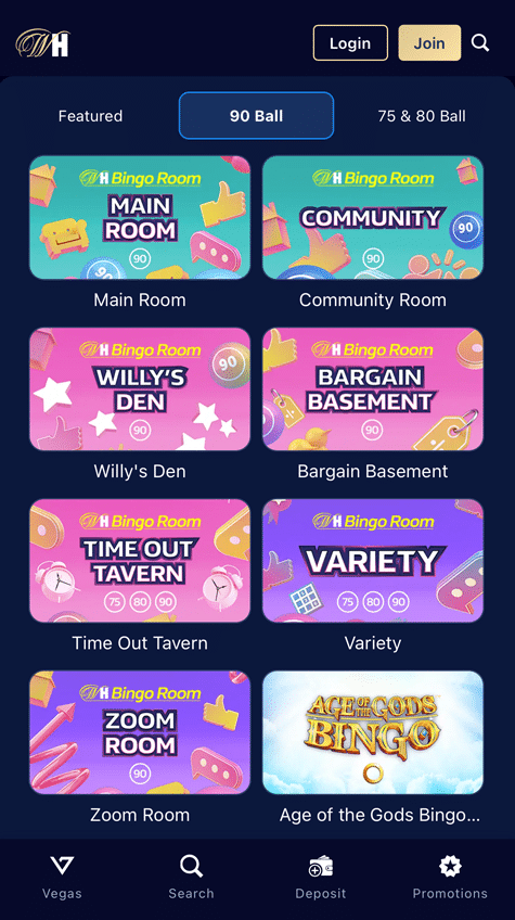 Bingo room tabs for Featured, 90 Ball and 75 & 80 Ball, above tiles including Zoom Room and Age of the Gods Bingo