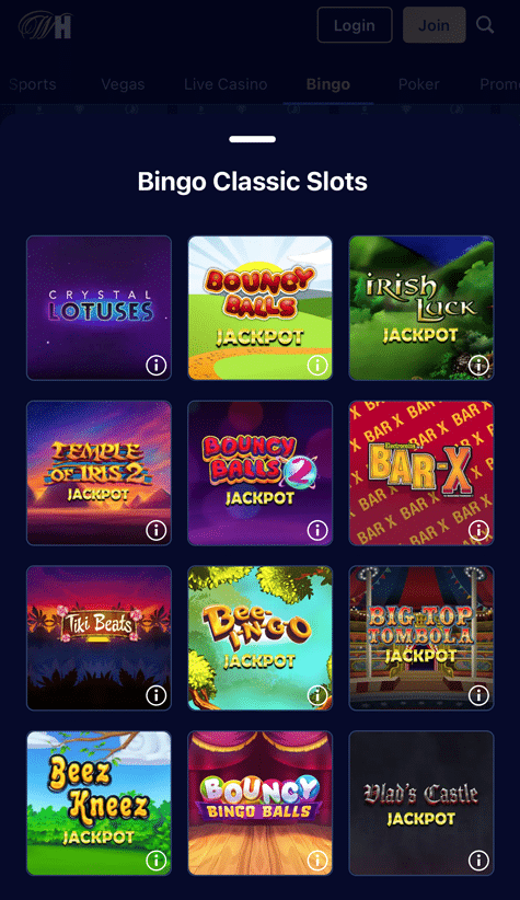 Bingo side games including Bar-X, Tiki Beats, Big Top Tombola Jackpot and Bouncy Bingo Balls