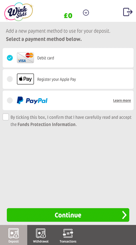 Cashier menu with Deposit, Withdrawal and Transactions tabs below a Continue button